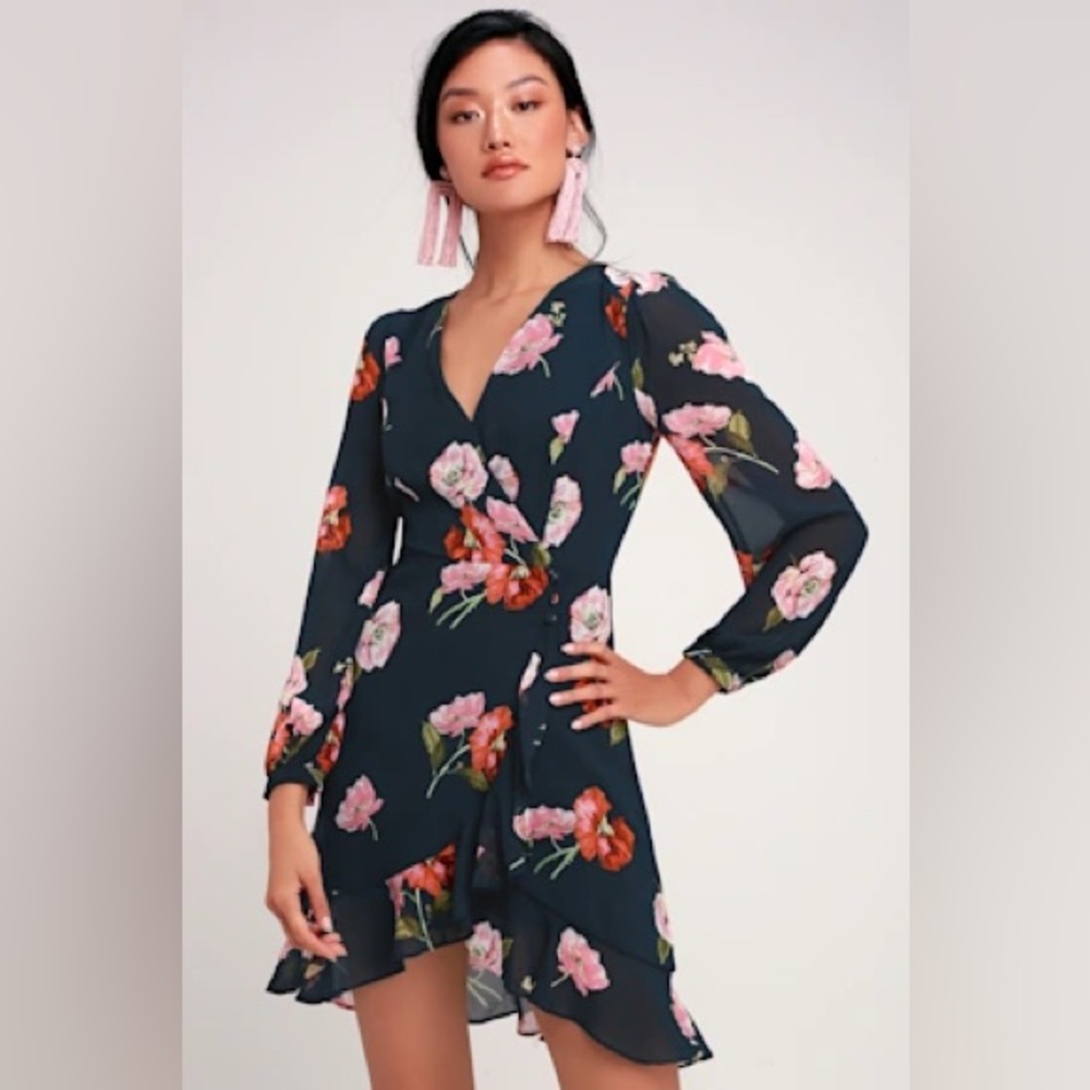 Lulu's Blue and Pink Ruffled Wrap Dress with Bishop Sleeves - Picture 1 of 7